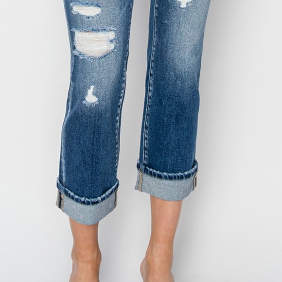 RISEN High-Rise Straight Leg Cuffed Cropped Hem Jeans Distressed Raw Denim Pants - Picture 8 of 13